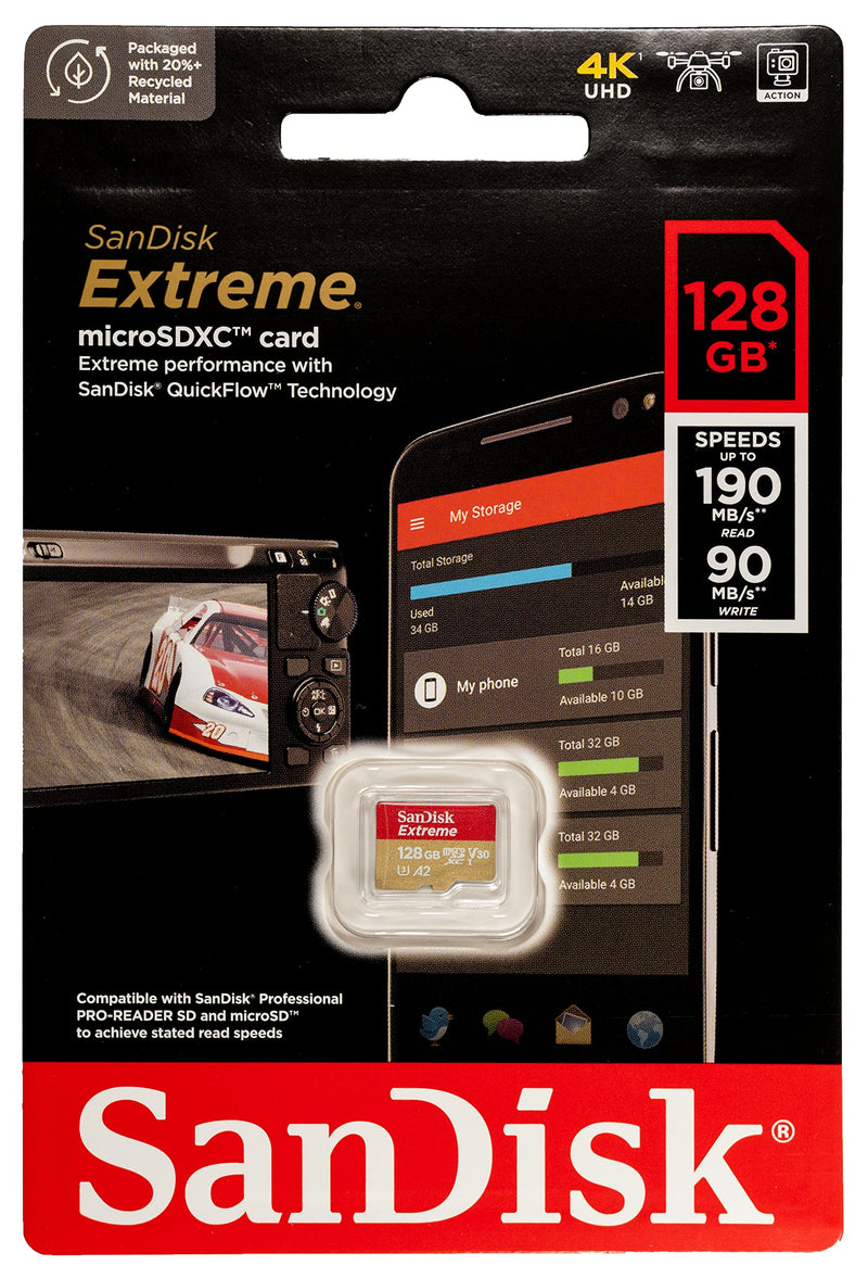 SanDisk MicroSD 128GB Extreme Memory Card Compatible with DJI Series Drones | For Air 2S, Air 2, Mini, Mini 2, Mavic 2 (SDSQXAA-128G-GN6MN) Bundle with (1) Everything But Stromboli Micro Card Reader