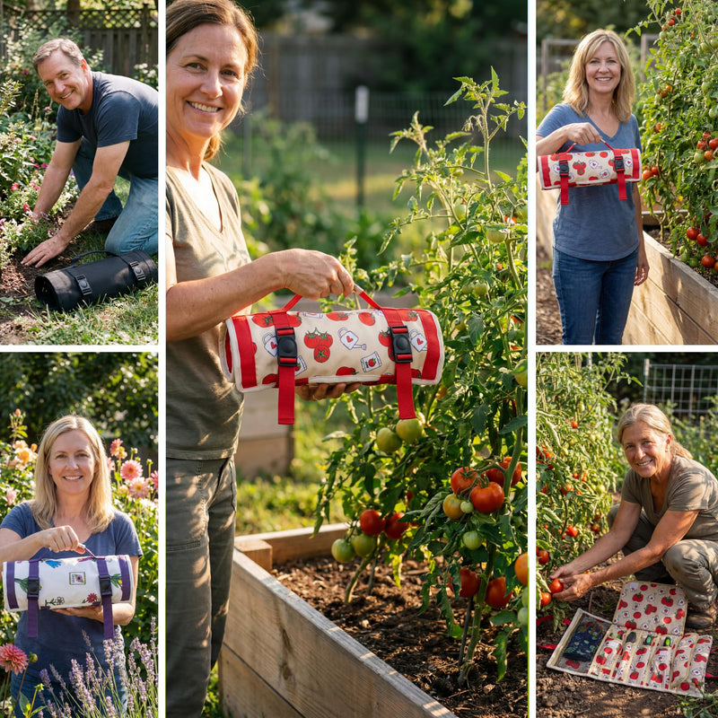 Garden Tool Bag - Roll-Up Garden Tool Holder with Deep Pockets | 900D Polyester Heavy Duty Gardening Tote | Compact Washable Organizer for Tools, Seeds, and Essentials (Tools Not Included) Tomato Print