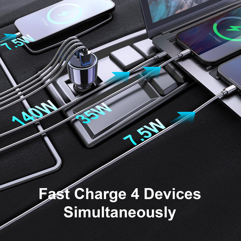 240W USB C Car Charger, Super Fast Charging 4-Ports PD3.1 140W/PD3.0 100W PPS 45W QC65W Type-C Car Adapter for MacBook Pro Laptop iPhone 16 15 Max iPad Samsung Galaxy S24/23 Pixel etc