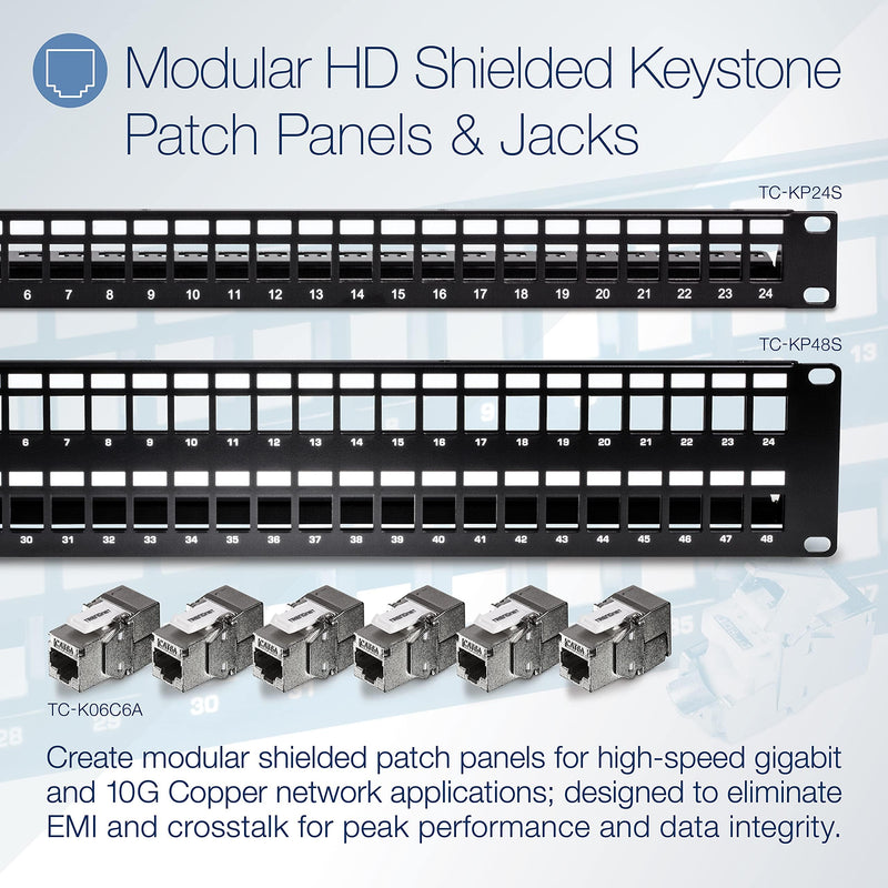 TRENDnet 24-Port Blank Keystone Shielded 1U Patch Panel, 1U 19" Rackmount Housing, Protects Against EMI/RFI Noise, Recommended with TC-K06C6A Cat6A Keystone Jacks (Sold Separately), Black, TC-KP24S 24-Port Shielded Blank Keystone