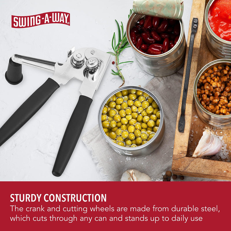 Swing-A-Way Easy-Crank Can Opener with Folding Crank Handle, Manual Hand Held and Sharp Blade, Stainless Steel, Easy Turn Knob, Basic Kitchen Essentials, For all Can Sizes (Black)