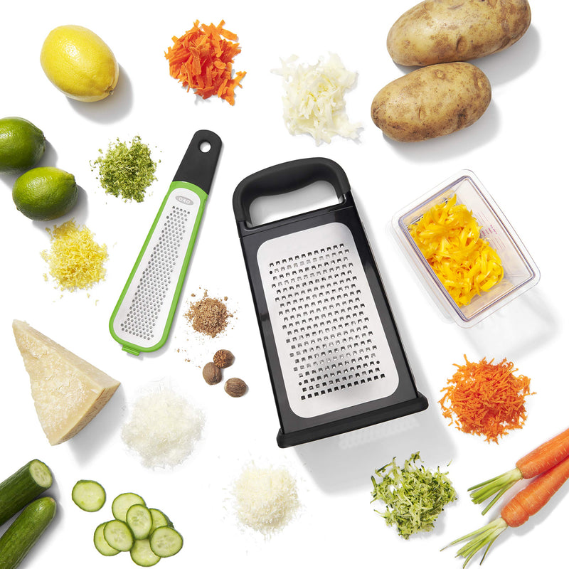 OXO Good Grips Etched Box Grater with Removable Zester | Ideal for Grating Cheese or Zesting Fruits | Storage Container Included | 4 Sided Grater | Comfortable Handle Box Grater with Removeable Zester