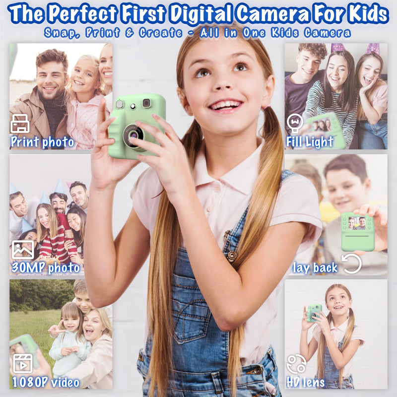 Kids Instant Print Camera for Girls Boys Christmas Birthday Gift (Green) | Digital Camera with 1080p Videos, Print Paper and 32GB Card, Portable Travel Cameras Toy for 3, 4, 5-12 Year Old Girls Boy Green