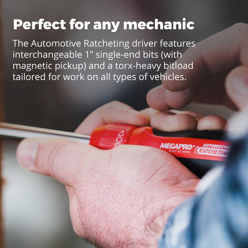 Megapro Automotive Screwdriver Set | One Multi-Bit Screwdriver with ¼” Hex Shaft | Phillips, Torx | Compact Automotive Bit Set (Ratcheting) Ratcheting