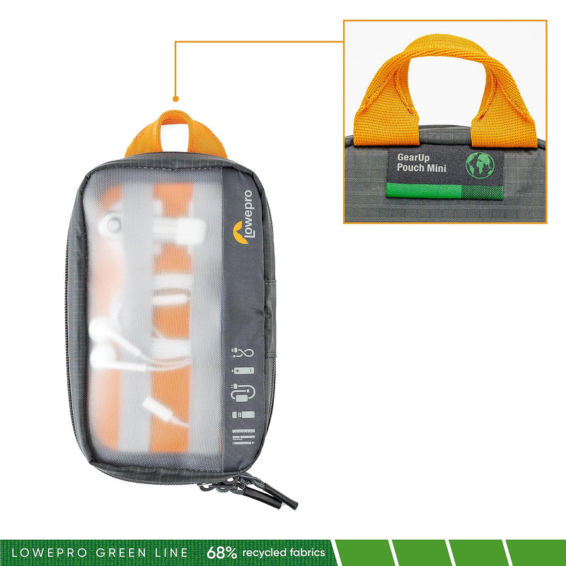 Lowepro GearUp Pouch Mini, Travel Essentials, Travel Case for Phone Cords, Cables, Adapters, USB Sticks, Smartphone Accessories, Made of Recycled Fabric, Grey