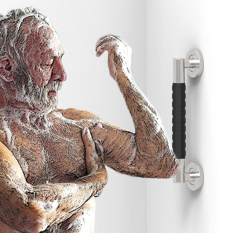 Bath, Shower and Toilet Safety Grab Bar for Seniors and Handicaps, ADA Compliant Mobility Aid Balance Assist Handle, Stainless Steel with Rubber Grips 16 inch Brushed Nickel