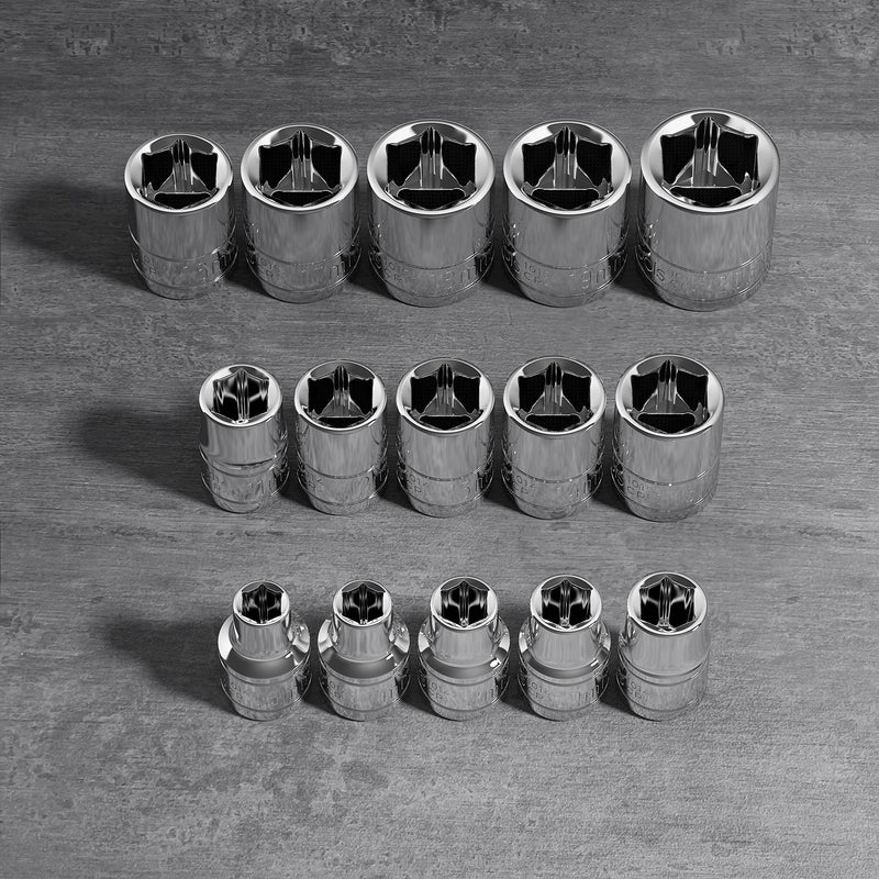 Olsa Tools Metric Shallow Socket Set - 3/8-Inch Drive, 15pc - 6-Point Chrome Sockets from 6mm–20mm and No Skipped Sizes - Mechanic Shallow Metric Socket Set - Professional Grade Sockets - Part: 1331 15pc, 3/8-Inch Drive