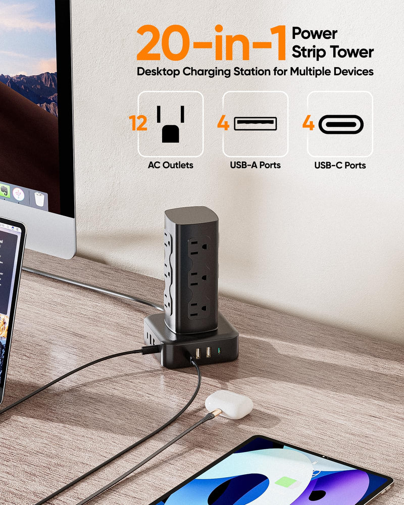 Power Strip Tower, 100W USB Charging Station Tower 12 AC Outlets | 8 USB Ports (4 USB C), 6 Ft Flat Plug Extension Cord with Multiple Outlets, Home Office Dorm Room Essentials, Black