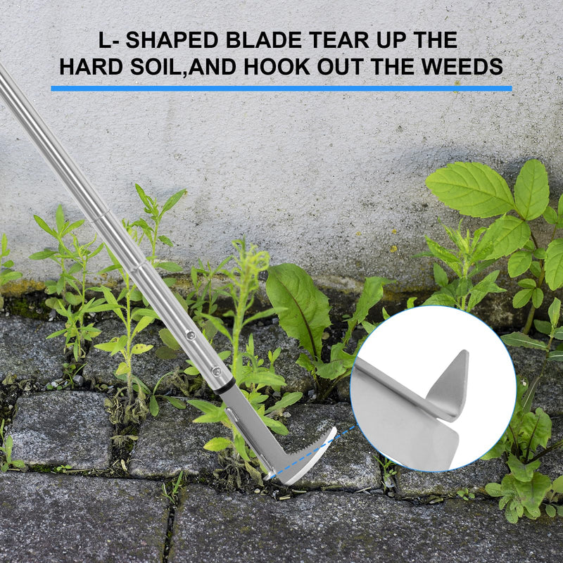 BARAYSTUS Crack Weeder, Stainless Steel Manual Crevice Weeding Tool, Long Handle Weed Grabber Remover, L-Shaped Manual Weeder Puller, Durable Crevice Weeding Tool for Sidewalk Garden Patio Lawn Adjustable Length (25.6"/41"/55")