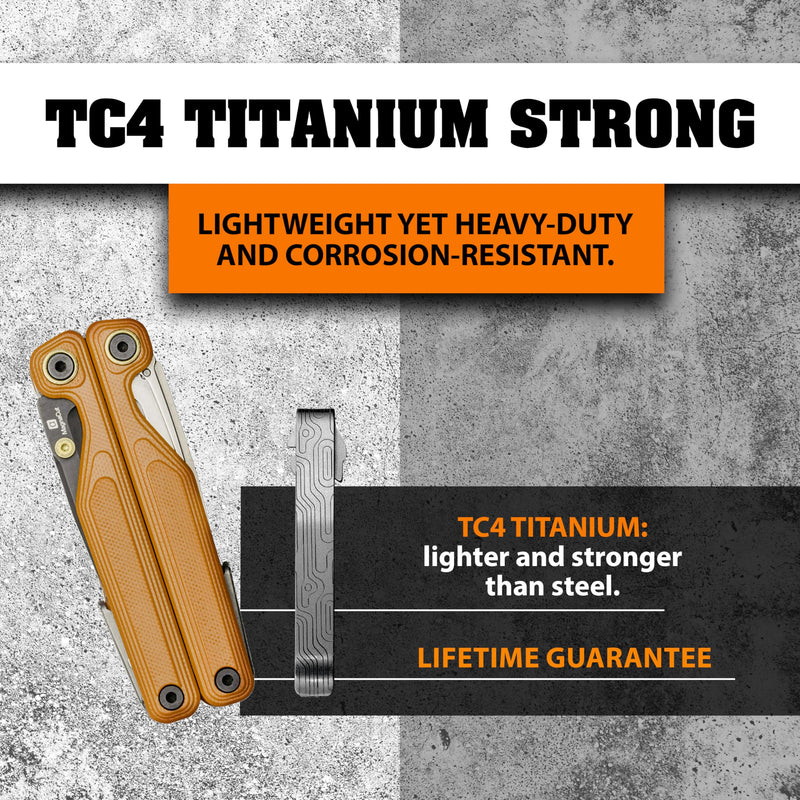 Titanium Pocket Clip compatible with Leatherman ALPHA. Also fits Wave, Wave Plus+, Alpha, Surge & Charge AL, ALX, Ti, XTi. Custom Designs - Quick Release ‘Norwegian Wood Matte’ Norwegian Wood Matte