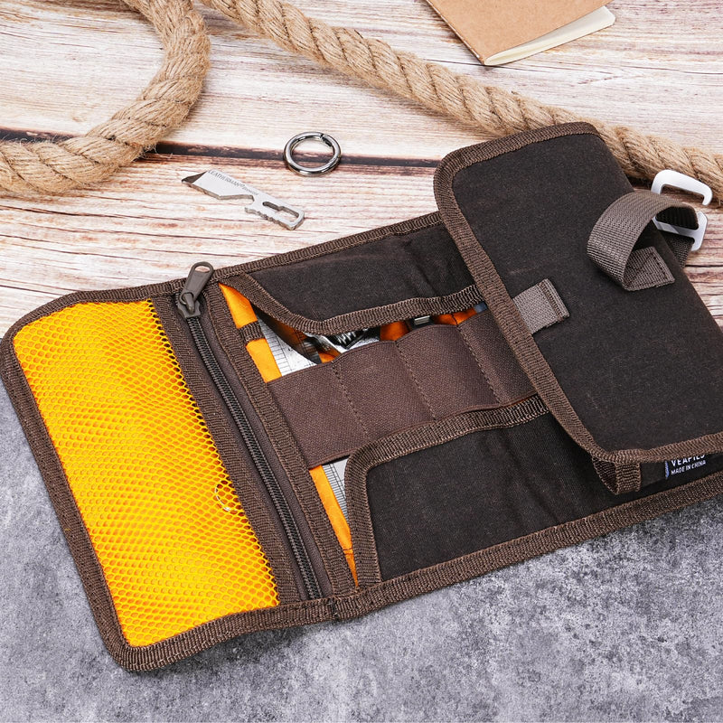 Roll Up Tool Bag Organizer, Small Tool Roll for Pen Lovers & Tech, Waxed Canvas Tool Pouch Pen Bag Pen Case Organizer, Multi-Pocket with Elastic Loops for Pencils, Art Supply, Hard Drives - EDC Bag