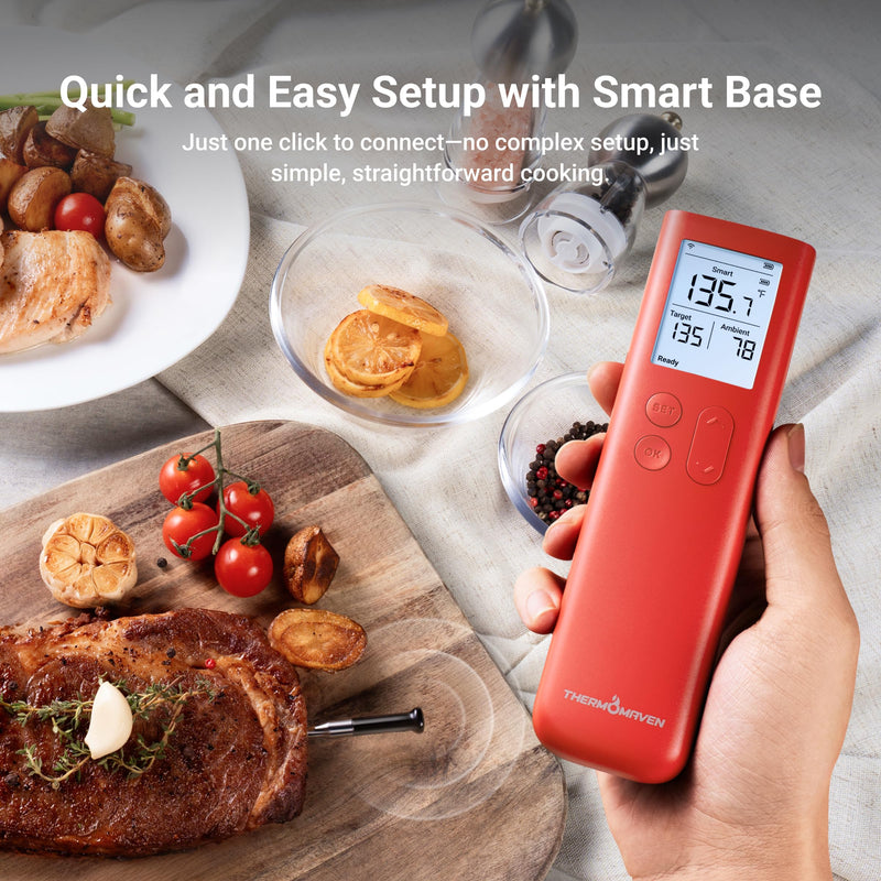  [AUSTRALIA] - ThermoMaven Smart Bluetooth Wireless Meat Thermometer, 10X Enhanced Sub-1G Signal and Stability, Standalone Display Base, Certified Accuracy ±0.5°F, WiFi Unlimited Range for BBQ, Oven, Smoker, Grill Red