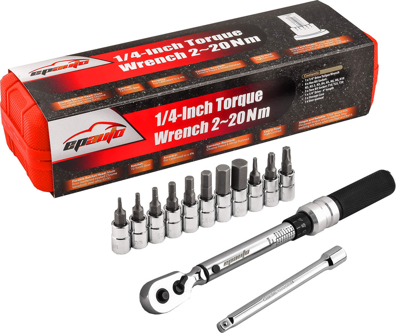EPAuto Bike Tool 1/4 Inch Drive Click Torque Wrench Set (2 to 20 Nm), Hex/Torx Bit Socket Extension Bar Bicycle Maintenance Kit Chrome Satin