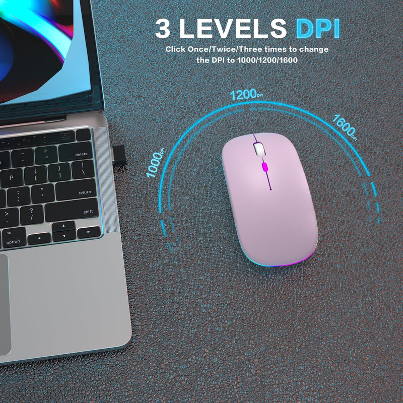 Wireless Bluetooth Mouse,LED Rechargeable Laptop Mouse.Portable Computer Mice use(BT5.2 and USB 2.4G) Dual Mode Connection,Silent,Slim,for Apple Laptop/ipad Tablet/Mac/PC. (Pink) Pink