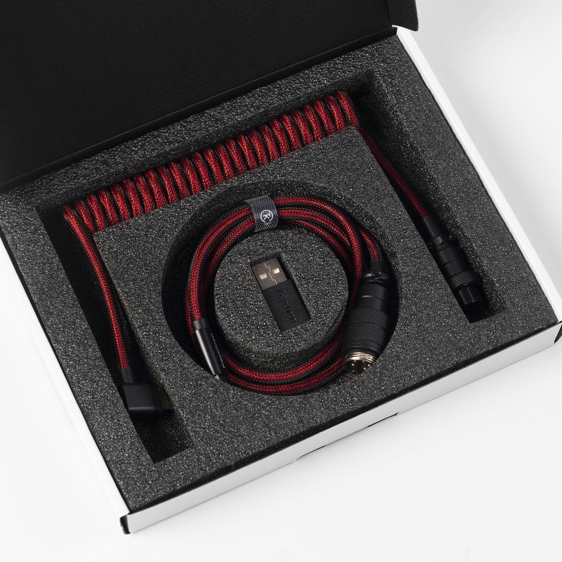 Keychron Premium Coiled USB-C Angled Red Cable, 5-Pin GX16 Detachable Metal Connector, USB-A Adapter, Double-Sleeved Design, for Mechanical Keyboards, Charging and Data Sync
