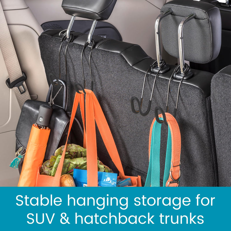 High Road Car Hooks for Purses and Bags with Leather Trim - Unbreakable Car Seat Hooks for Large Purse Straps and Heavy Bags up to 40 lbs - Secure Attachment Loops Fit All Headrest Posts, 2-Pack Black