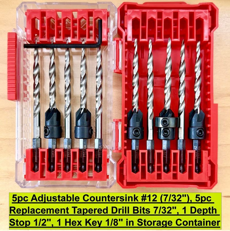 FTG USA 5 Pc #12 (7/32") Countersink Drill Bit Set with 5 Pc Replacement Tapered Drill Bits for Wood in Storage Container