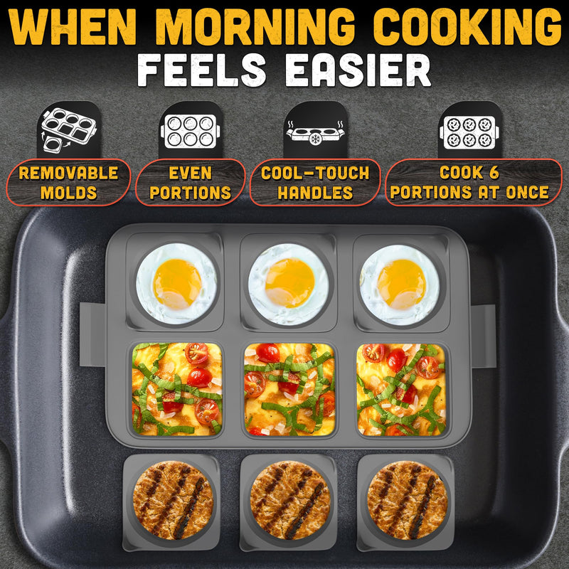 Silicone Egg Rings for Griddle & Flat Top Grill - 16.5" x 9" BBQ Grill Pancake Mold Tray with 6 Round & Square Shapes - Silicone Egg Molds for Omelets, Patties, Breakfast Sandwiches & Outdoor Cooking