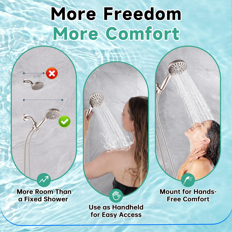 BRIGHT SHOWERS High Pressure Shower Head with Handheld, 9 Spray Settings Showerhead Built in Power Wash to Clean Tub and Pets, Extra Long 69" Hose, Adjustable Bracket, Brushed Nickel 2.5 GPM | 9 Modes