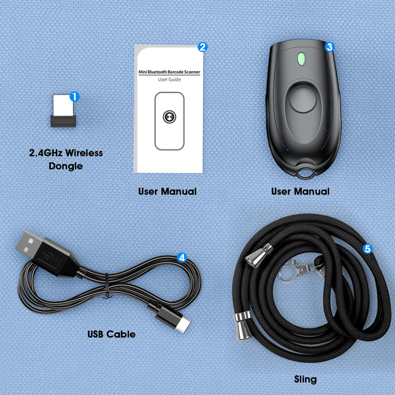 Symcode Bluetooth 2D Barcode Scanner Mini QR Portable Barcode Scanner 3-in-1 Bluetooth & 2.4G Wireless & USB Wired Barcode Scanner with Android,iOS,Computers,Windows, 2D QR Black