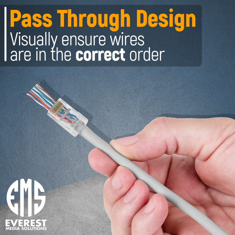 Everest Cat6 RJ45 Pass Through Connector 200-Pack - EZ Cat 6 Pass Through RJ45 Connectors - cat 6 connectors - Ethernet Connector - Ethernet Plug - for Solid or Stranded UTP Network Cable Quantity 200