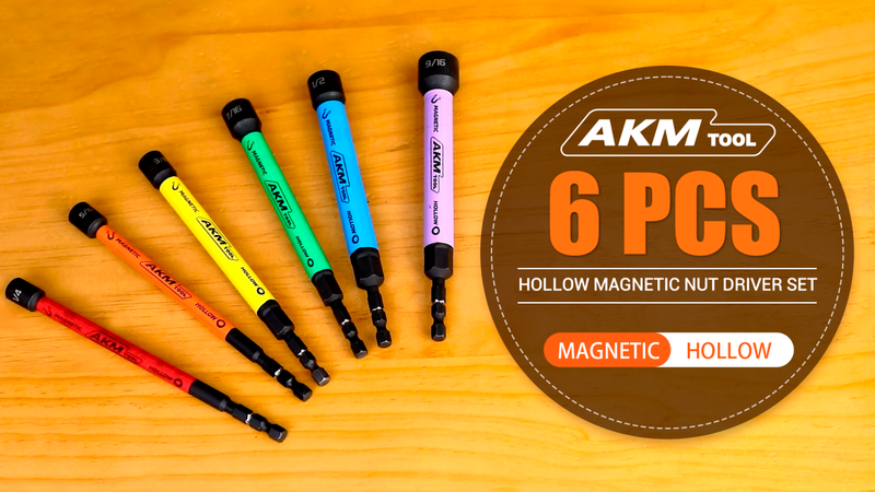 6 PCS Hollow Nut Driver Set, Magnetic nut driver set, Hollow Shaft Nut Driver Set, SAE, Color Coded, Hex Sizes, 1/4 to 9/16-Inch, Nut Setter, Hollow Nut Driver with 5-Inch Extended Reach 6 PCS Hollow Magnetic Nut Driver Set
