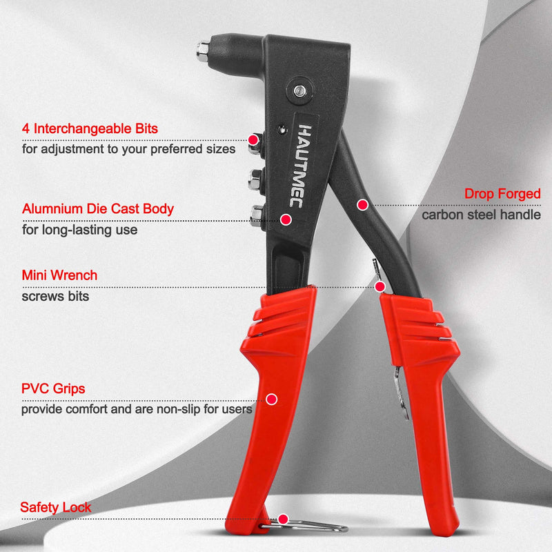 HAUTMEC Pop Rivet Gun with 4 Interchangeable Rivet Heads and Portable Wrench, Heavy Duty Durable Hand Riveter for Metal, HT0125-HR 10" Riveter