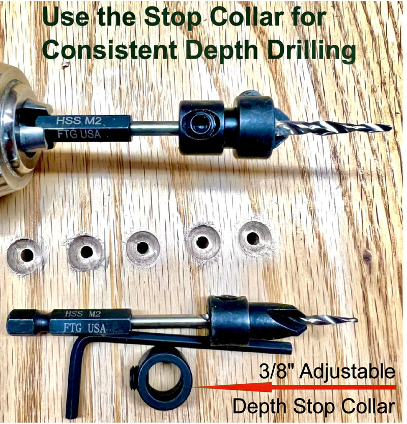 FTG USA 6 Pc #8 (11/64") Countersink Drill Bit Set with Tapered Drill Bits | Includes 6 counter sink drill bit for wood, all same size. Each countersink comes with depth stop and hex key in storage case Same Sort 6 Pc