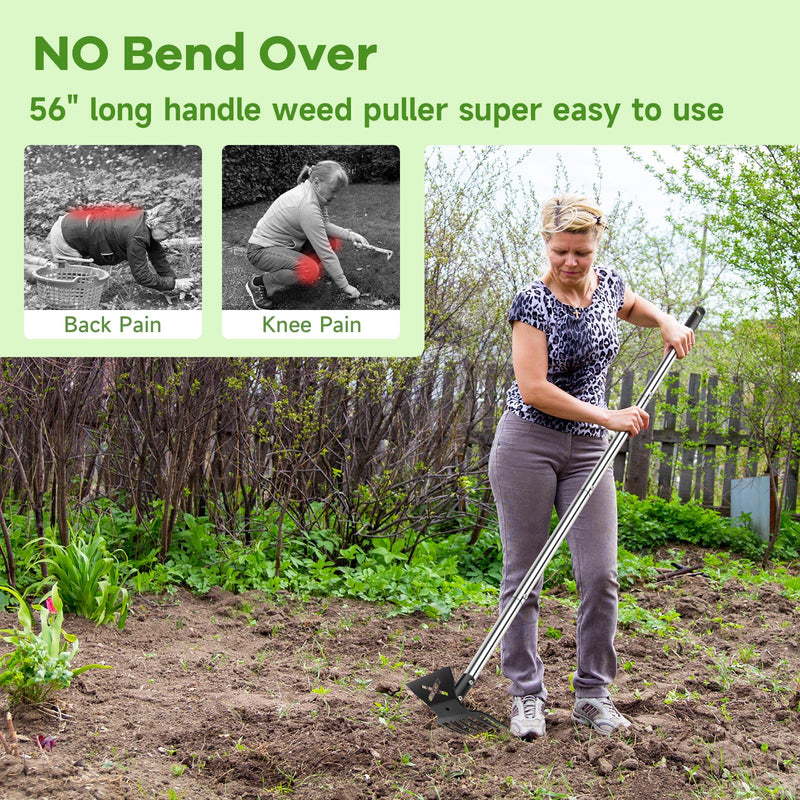 2 in 1 Garden Hoe and Cultivator Weeding Rake 6 Tines, Manual Weed Puller Tool with Long Handle, 56" Heavy Duty Hand Weeder Remover Tools for Patio, Lawn, Garden, Flower Beds, Loosen Soil and Planting