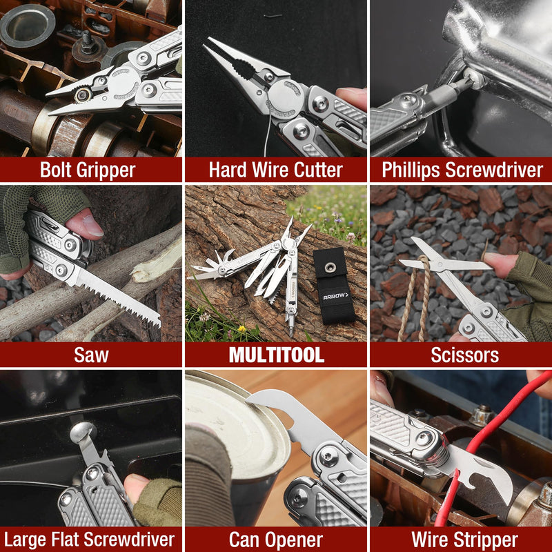 ARROW 20-In-1 Multi Tool Pliers, Gifts for Men Dad, Stainless Steel EDC Multitool with Pocket Knife, Sheath and Pocket Clip, Safety Locks, Multi-Use Tool for Outdoor, Camping, Hiking