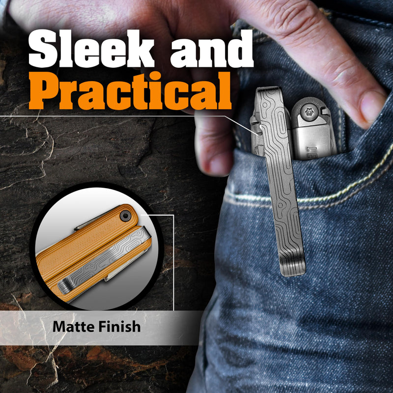 Titanium Pocket Clip compatible with Leatherman ALPHA. Also fits Wave, Wave Plus+, Alpha, Surge & Charge AL, ALX, Ti, XTi. Custom Designs - Quick Release ‘Norwegian Wood Matte’ Norwegian Wood Matte