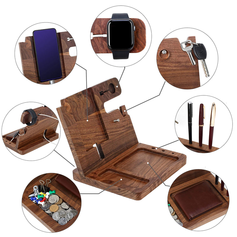 Wooden Phone Docking Station for Men - Engraved Nightstand Organizer, Phone Holder, Key, Wallet, Watch Stand, Christmas, Anniversary, Birthday Gifts for Boyfriend, Husband(Walnut) Brown Ebony Wood For Husband