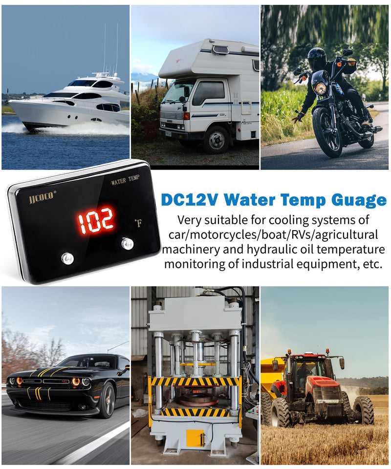 Digital Water Temperature Gauge 14-302°F with 1/8 NPT Sensor Real-Time Monitoring 12V LED Electrical Water Coolant Temp Gauges Waterproof for Car Truck Motor Marine Vehicle Automotive Red Fahrenheit