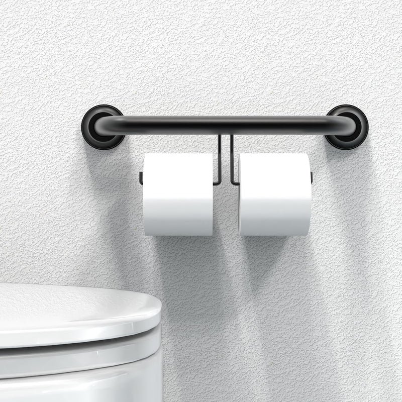 ADA Compliant Grab Bar with Toilet Paper Holder (2 Mega Rolls), 500lbs Weight Support, 1-1/4 x 16 inch for Stud Mount, Matte Black