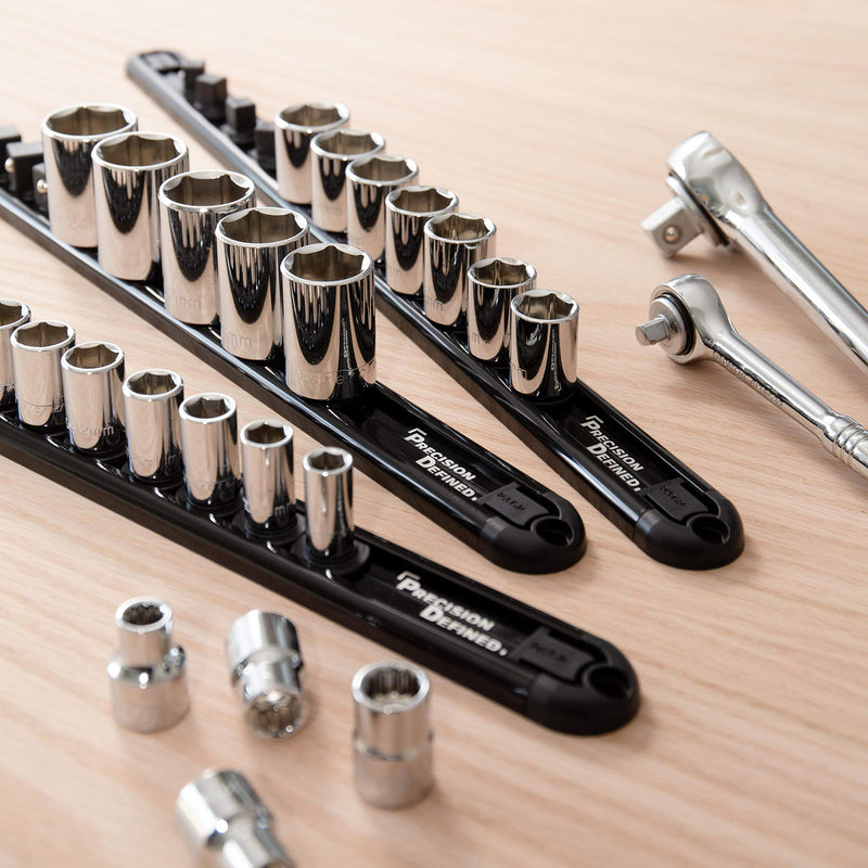 Precision Defined Aluminum Tool Socket Holder | Black, Single 3/8-Inch Socket Organizer x 16 Clips | Heavy Duty Socket Rails Organizer, Socket Storage, Socket Tray 360 Rotation 3/8-Inch Drive