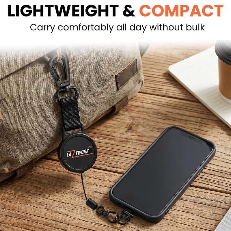 Retractable Phone Tether with Locking Carabiner & metal 360° Anti-Theft Phone Lanyard, 27.5" Steel Cable Phone Leash Black