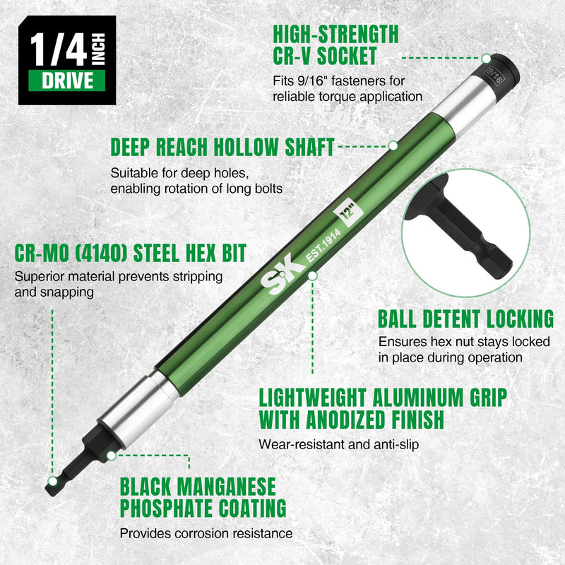 SK 9/16" Impact Nut Driver, 12-Inch Long Aluminum Hollow Shaft for Long Bolts, Free-Spinning Pull-Down Springback Design, 1/4'' Hex Shank Power Nut Setter with Ball Detent Locking Socket 12 in