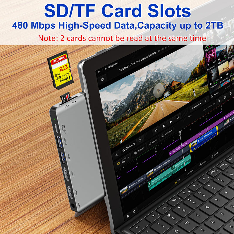 Surface Pro 9/10/11 Docking Station - 8-in-1 Triple Display Surface Pro 9/10/11 Accessories Adapter with Dual HDMI 4K, 1x USB C (100W, 40Gbps), 2x USB 3.0, SD/Micro SD Card Reader and 3.5mm Audio Jack Silver