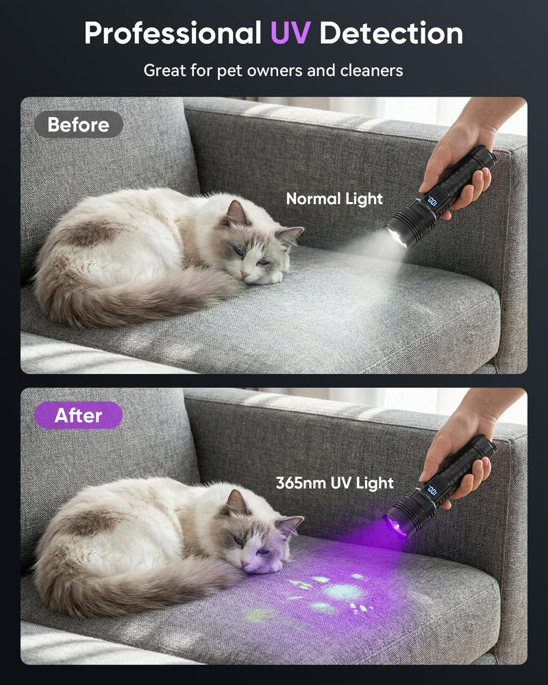Flashlight Rechargeable with UV Light and White Light, 365NM Blacklight and High lumens White Light with LCD Display, Zoomable 6 Modes for Memory Function, for Pet Urine Detection, Camping, Emergency