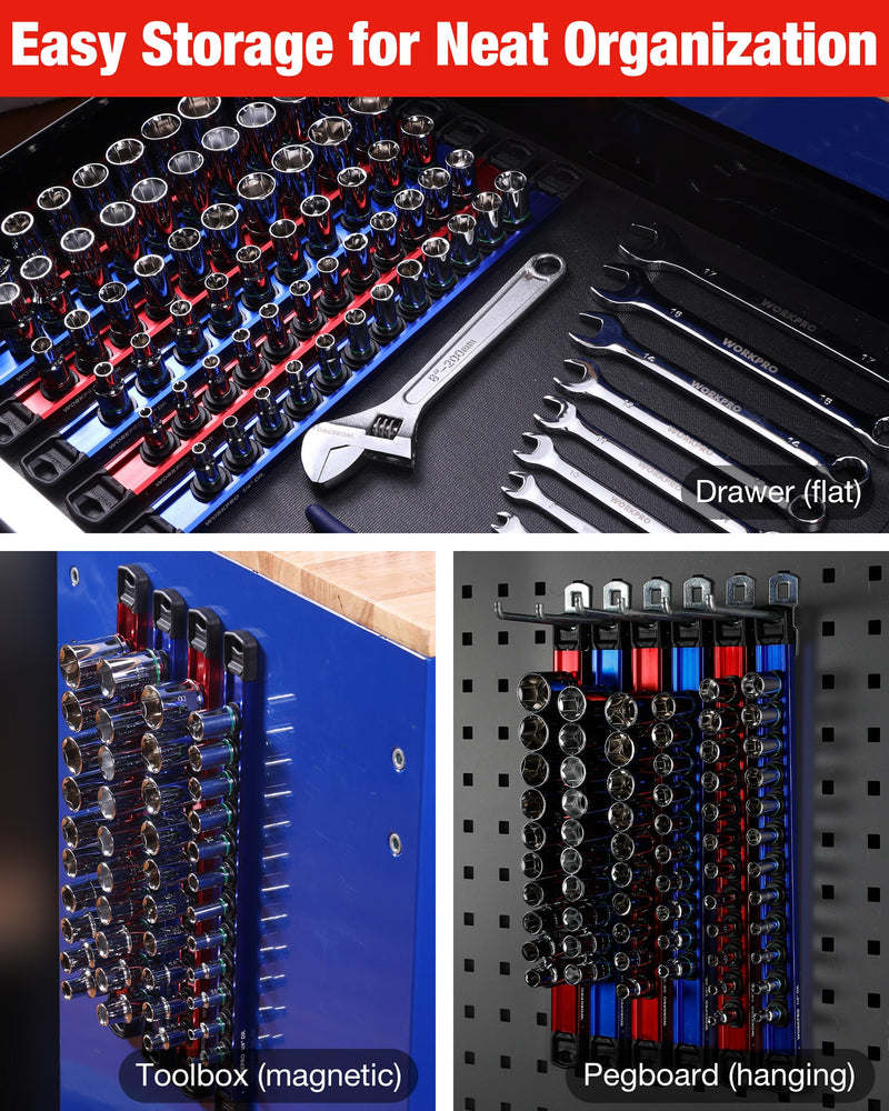 WORKPRO Magnetic Socket Organizer Set, 1/2" 3/8" 1/4" Drive Aluminum Alloy Socket Holder with Removable Socket Clips for Quick Customization, 6PC Socket Rail for Tool Box Drawer (Sockets Excluded) 6 Pieces-1/4", 3/8" & 1/2" DR Red & Blue