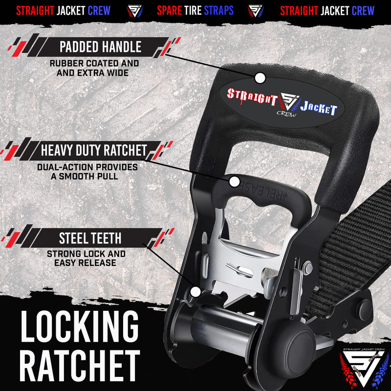 Y Strap for Spare Tire - Heavy Duty Spare Tire Strap for UTV, Offroad Accessories & Roof Rack, 3 Way Ratchet Strap Tie Down- 1.6" Wide, Can Secure Up to 40" Tire by Straight Jacket Crew (Black) Black