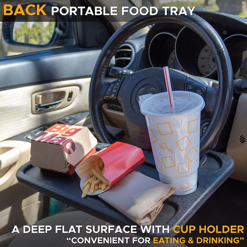 EcoNour 2 in 1 Car Steering Wheel Desk | Tray for Laptop Car Mount with Pen Holder| Bench Seat Consoles | Food Tray for Eating with Drinks Holder | Multipurpose Travel Car Accessories Black