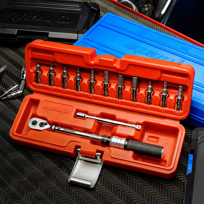 EPAuto Bike Tool 1/4 Inch Drive Click Torque Wrench Set (2 to 20 Nm), Hex/Torx Bit Socket Extension Bar Bicycle Maintenance Kit Chrome Satin