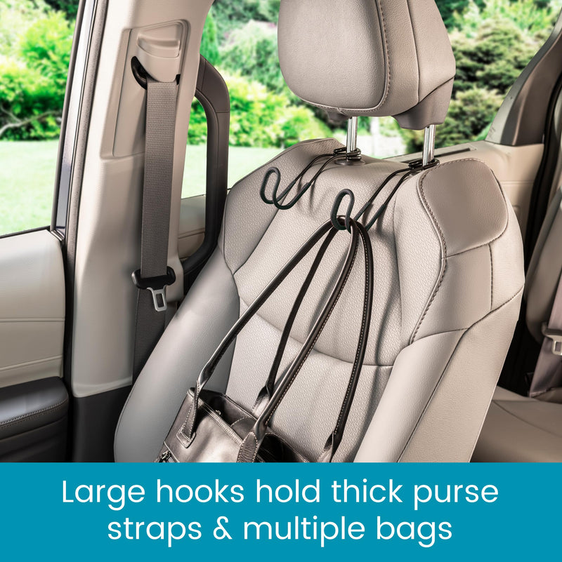 High Road Car Hooks for Purses and Bags with Leather Trim - Unbreakable Car Seat Hooks for Large Purse Straps and Heavy Bags up to 40 lbs - Secure Attachment Loops Fit All Headrest Posts, 2-Pack Black