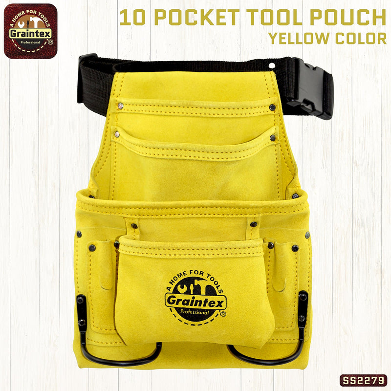 GRAINTEX SS2279 10 Pocket Nail & Tool Pouch Yellow Color Suede Leather with 2” Webbing Belt for Constructors, Electricians, Plumbers, Handymen