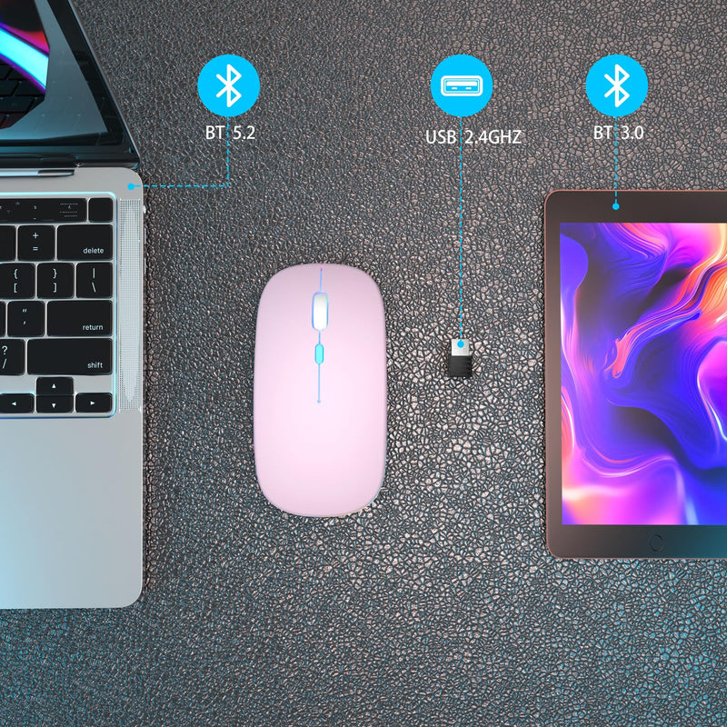 Wireless Bluetooth Mouse,LED Rechargeable Laptop Mouse.Portable Computer Mice use(BT5.2 and USB 2.4G) Dual Mode Connection,Silent,Slim,for Apple Laptop/ipad Tablet/Mac/PC. (Pink) Pink