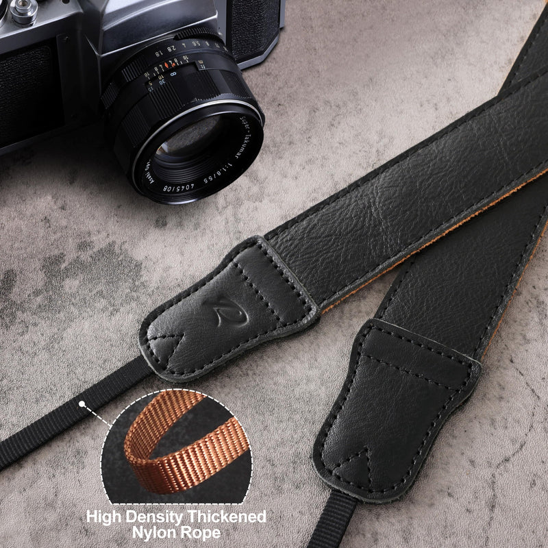 Padwa Lifestyle Black Leather Camera Strap - 1.5" Soft Full Grain Cowhide Camera Straps for Photographers, Soft Suede Fabric Padded Leather Strap with Quick Release fits All Cameras 1.5 inch Wide / Adjustable 38~52 inch