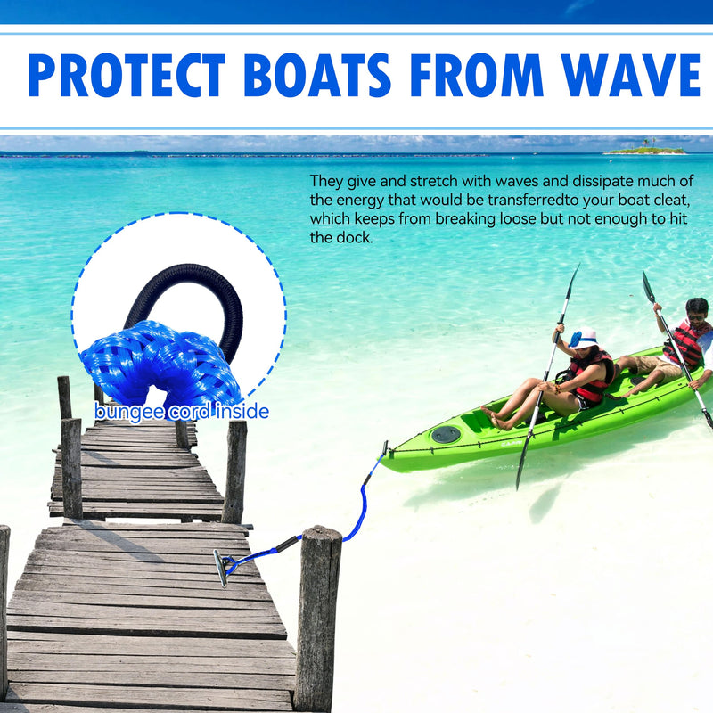 Boat Bungee Dock Lines 4 ft - Single Hook Dock Rope with 2 Loops, 2 Pack (Blue) blue