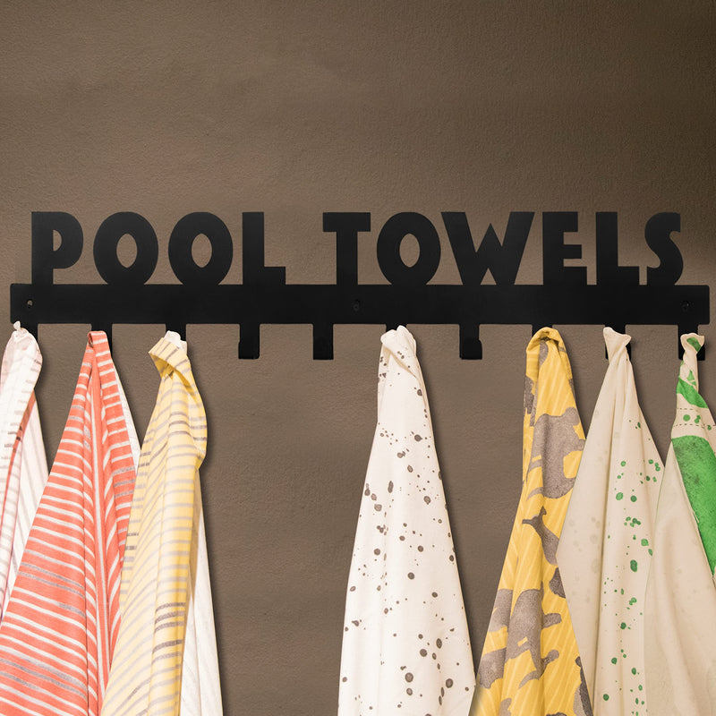Pool Towel Rack Large Size 10 Hooks for Bathroom Wall Mount Towel Hooks Towel Holder Carbon Steel Hanger Organizer Indoor Outdoor for Robe, Towel, Coat, Swimsuit, Umbrella, Bag, Keys(Black 32Inch-10Hooks Black-Pool Towels