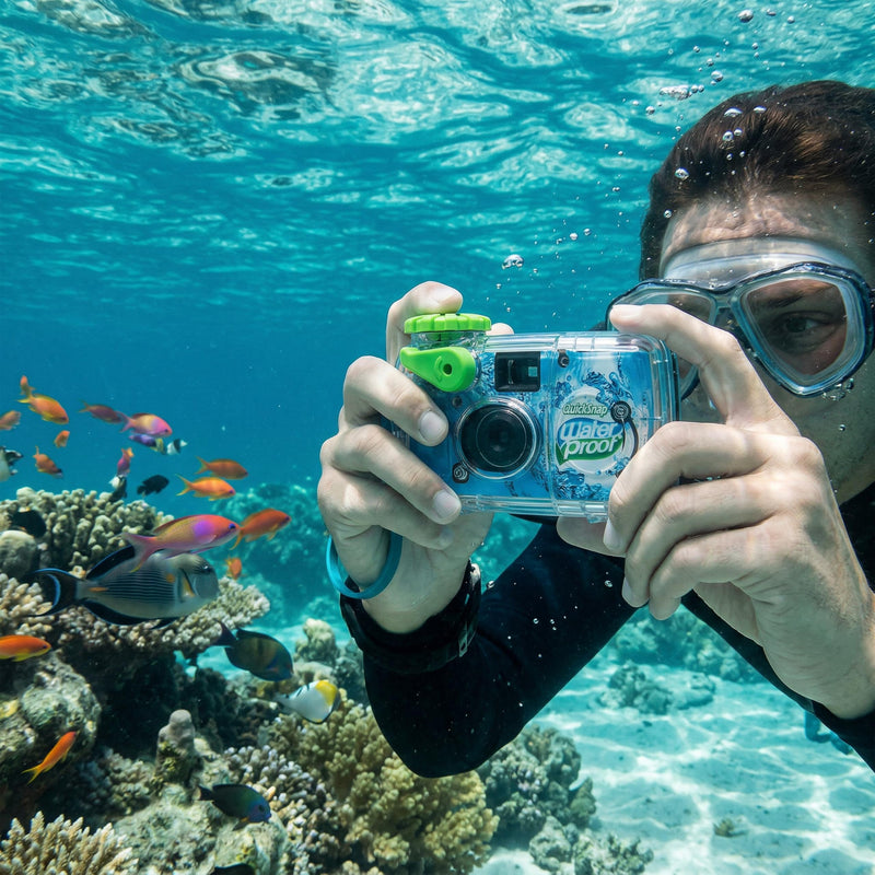 Fujifilm QuickSnap 800 Waterproof Camera Bundle with Archival Photo Sleeves | Single use 35 mm color film camera, 27 exposures, waterproof up to 35 feet, with 100 4x6 clear photo sleeves for prints